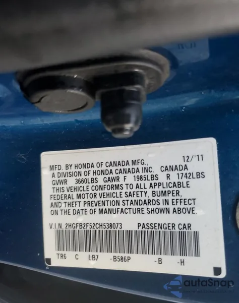 2012 Honda Civic Lx z USA, uszkodzony, nr VIN 2HGFB2F52CH538073